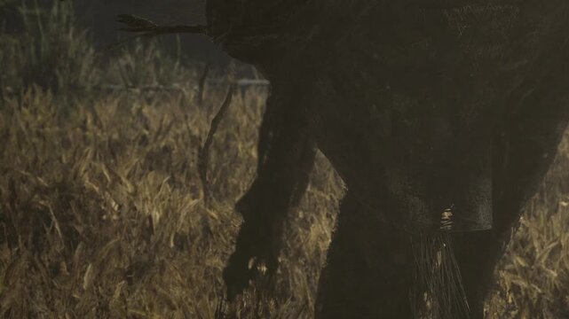 A wooden figure is partially visible, surrounded by tall grass and dark trees. The environment appears dense and shadowy. It is likely early morning or late evening based on the light.