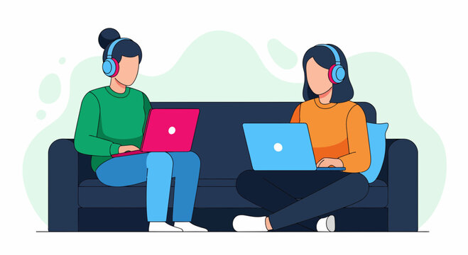 Two women working from home on sofa using laptops and headphones