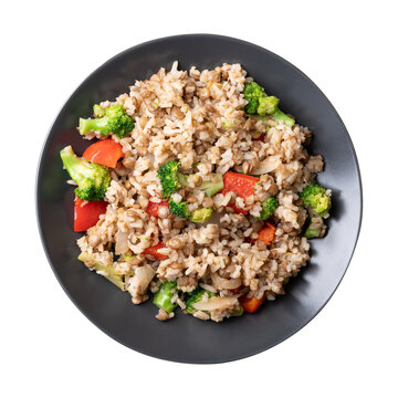 Lentil fried rice with broccoli and bell peppers, Healthy Asian vegetarian food, Top view