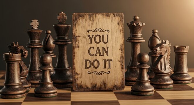 Chess board with motivational message and vintage pieces.