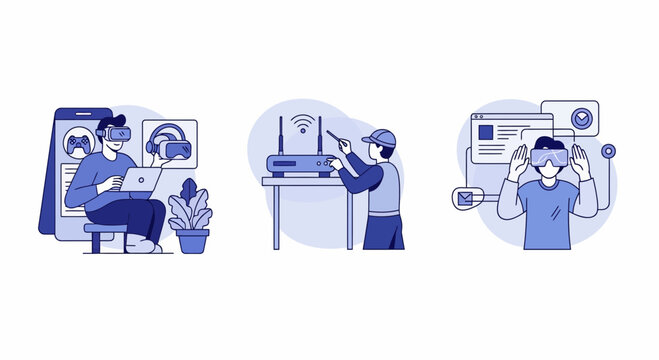 A set of tech art with VR wifi router and web ui apps icons set