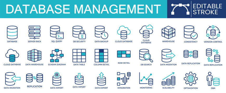 Set of 30 outline icons related to database management. Containing SQL query, data backup, cloud database, data migration, replication and more. Linear icon collection. Editable stroke. Vector 