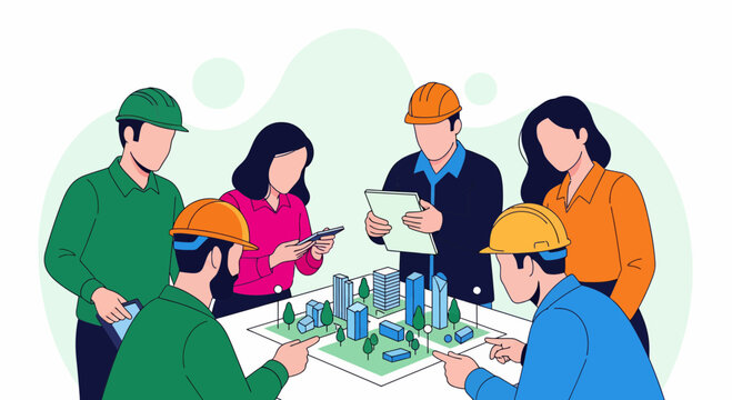 Team of pro work on city plan for new urban build site with smart tool