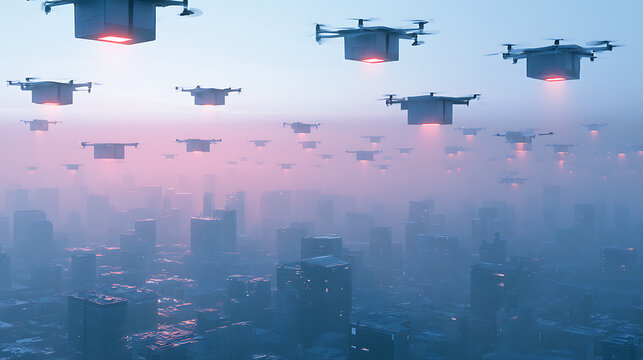 Autonomous delivery drones flying over a modern cityscape (3)