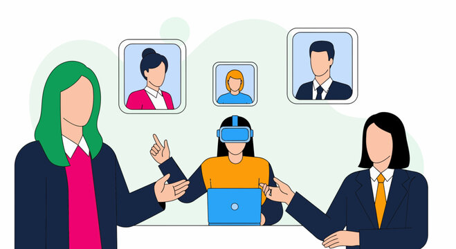 Team use vr tech for remote work and web meeting with digital avatar pro app