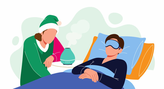 Man Rest In Bed With Eye Mask And Aroma Oil Mist For Cold Winter Day