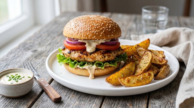 New burger and potato fries on gray wood surface