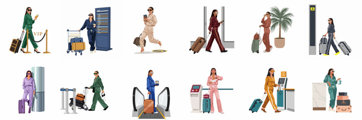 Collection of fashion-forward women in comfortable tracksuits traveling through various airport scenarios with luggage, ideal for modern lifestyle and travel themes. © Cristina