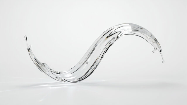 Dynamic S-shaped splash of clear water frozen in motion against a white background