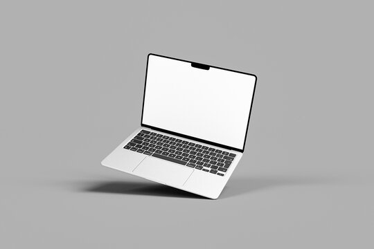 Single floating laptop mockup with blank white screen on gray background.