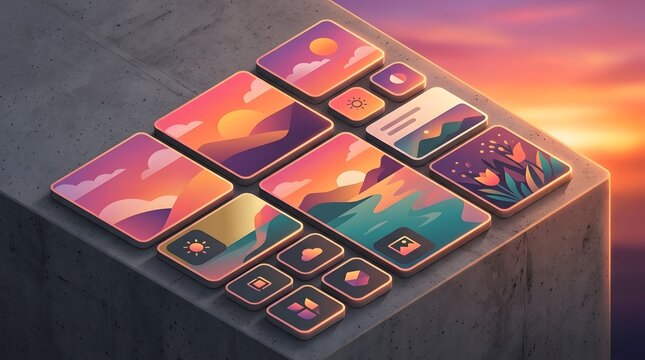 Modern smartphone interface with colorful app icons and digital layout on concrete surface during sunset for technology and interface design