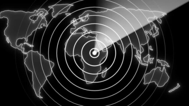 Global radar scanning animation with pulsing circles and map overlay for tech and security concepts sonar