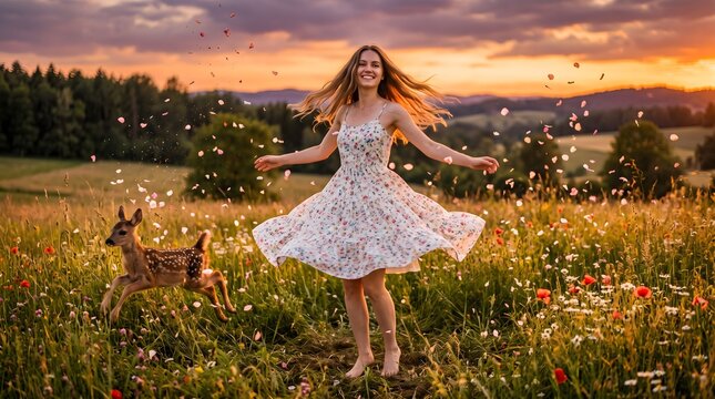 Happy beautiful woman wearing floral dress dancing wildly with jumping baby deer inside sunny meadow representing joyful freedom.
