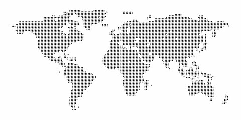 world map silhouette created with black dots on white background geography global continents oceans cartography vector graphic design pattern modern © RanjanKumar