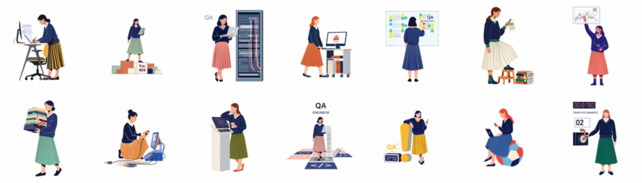 A comprehensive collection of flat vector illustrations depicting female quality assurance engineers performing various software testing, debugging, and system monitoring tasks.