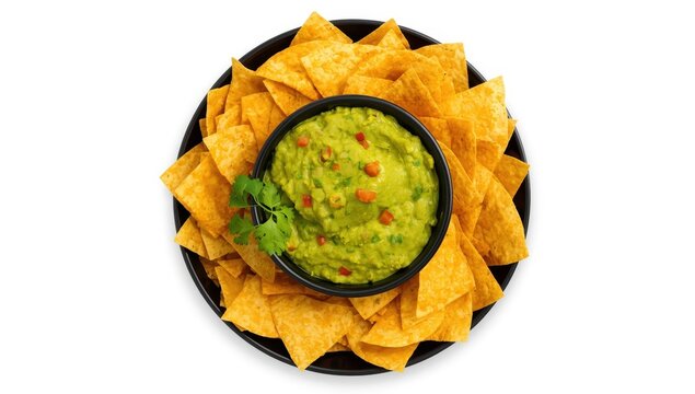 Overhead shot of guacamole in a black dish with tortilla chips on a white backdrop.
