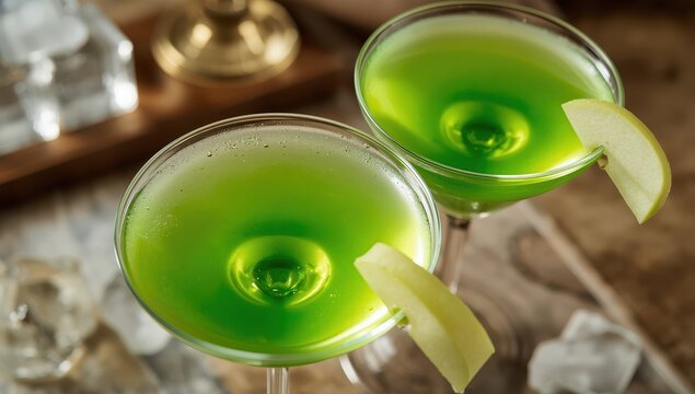 Overhead view of green apple martinis up close.