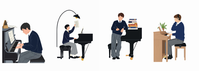 Vector illustration set of a young man in a school uniform practicing and studying various types of pianos in different settings. © Ricardo