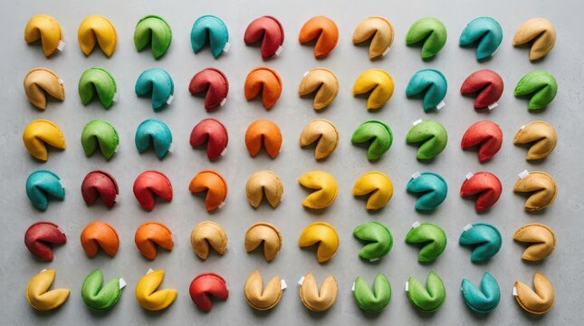 Top view of colorful fortune cookies arranged in a grid pattern on a light gray background