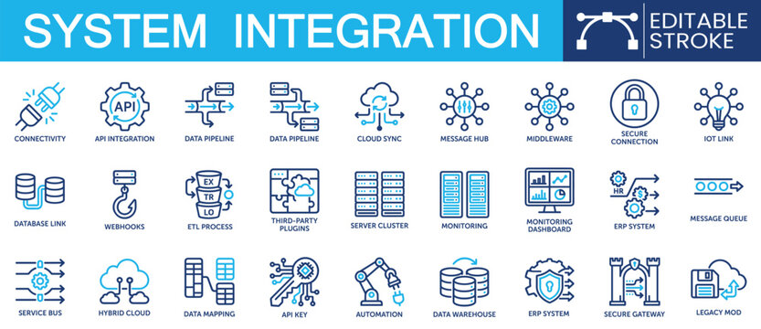 Set of 27 outline icons related to system integration. Containing API integration, data pipeline, cloud sync, secure connection, automation and more. Linear icon collection. Editable stroke. Vector