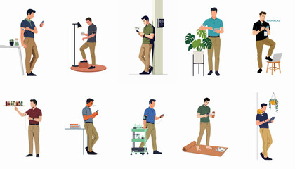 Vector illustration set of a man monitoring health metrics, using biohacking sensors and digital apps for wellness tracking and performance optimization. © Isabella