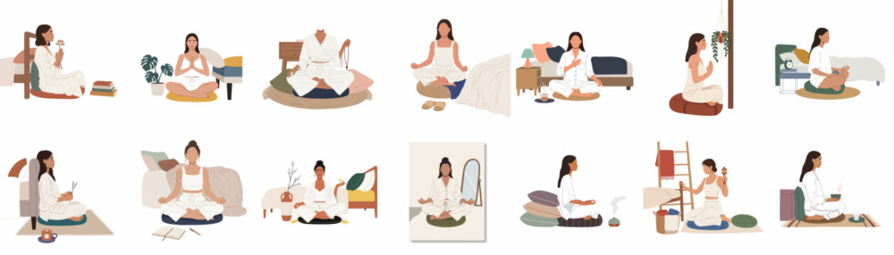 Collection of flat illustrations showing diverse women practicing mindfulness, meditation, and self-care routines in cozy home environments.