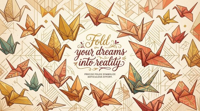 Origami cranes pattern with inspirational quote "Fold your dreams into reality", artistic paper craft background