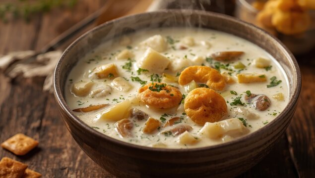 Rich New England clam chowder topped with oyster crackers.