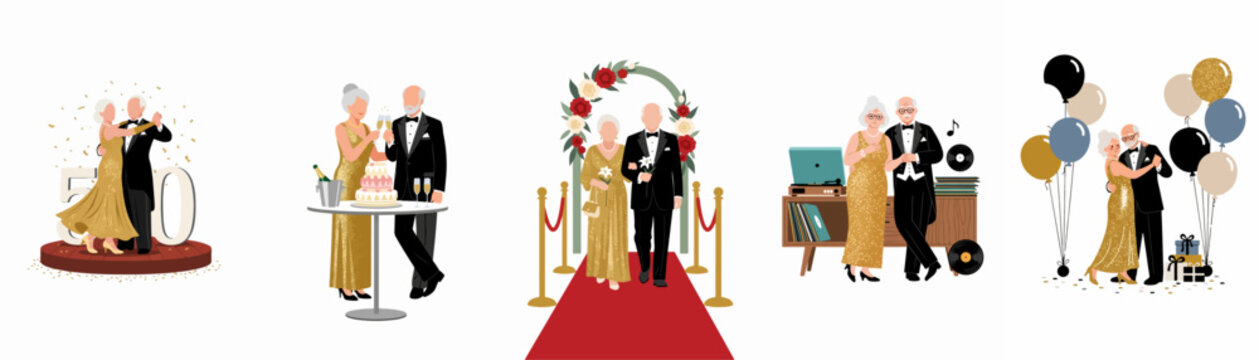 Set of elegant illustrations depicting a senior couple celebrating their 50th golden wedding anniversary with dancing, champagne, and festive decorations.