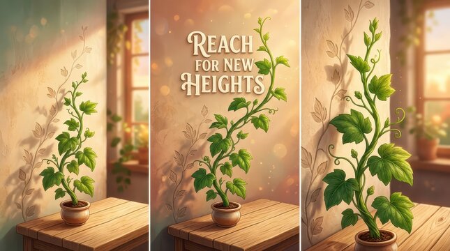 Potted plant growing upwards with inspirational quote "Reach for New Heights" against a wall with soft light