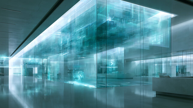 A futuristic bank interior with holographic financial data projections