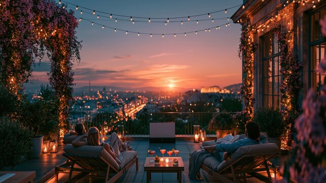 rooftop summer cinema party overlooking a glowing European city at sunset, stylish people relaxing on deck chairs, projector screen with blank copy space, cocktails, string lights, warm golden hour at
