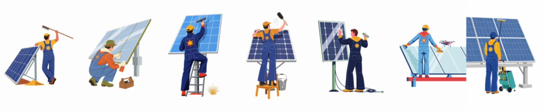 Illustration set of professional workers cleaning and maintaining solar panels, depicting various maintenance tasks for renewable energy and sustainable power systems.