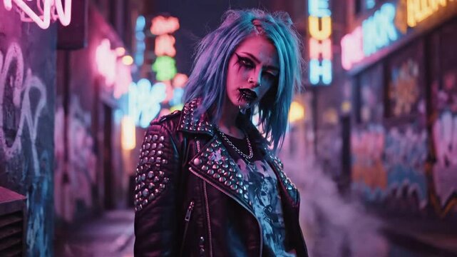 Edgy Punk Woman Posing in Neon Lit Graffiti Alleyway