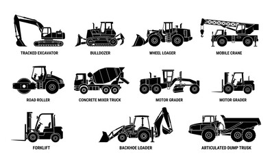 Obraz premium Construction Vehicles Including Excavators, Bulldozers, Loaders, and Trucks in Black and White