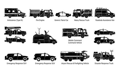 Emergency Vehicles Including Ambulances, Fire Engines, Patrol Cars, and Rescue Trucks in Black and White © Afjal12