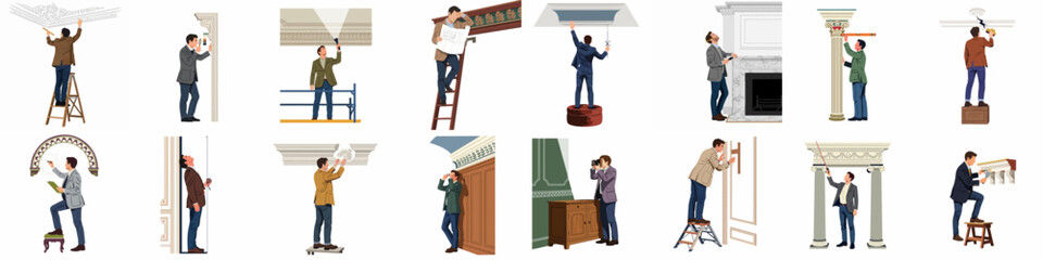 Professional restorers and architects working on classical architectural elements including columns, moldings, and ornate interior decorations. © Andres