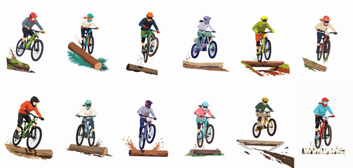 A set of twelve diverse mountain bikers and one motocross rider performing jumps over wooden logs, isolated on a white background. © Ricardo