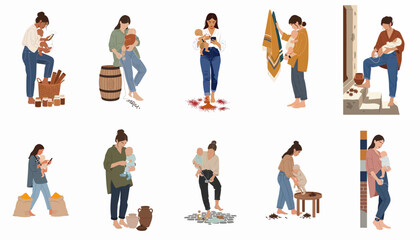 Obraz premium Illustration set of modern mothers multitasking, caring for infants while using smartphones, working with spices, and managing health with medical devices.