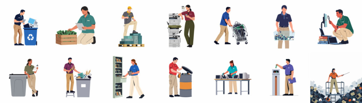 Set of diverse workers managing electronic waste through sorting, recycling, and responsible disposal of computers, phones, and hardware in an industrial facility.