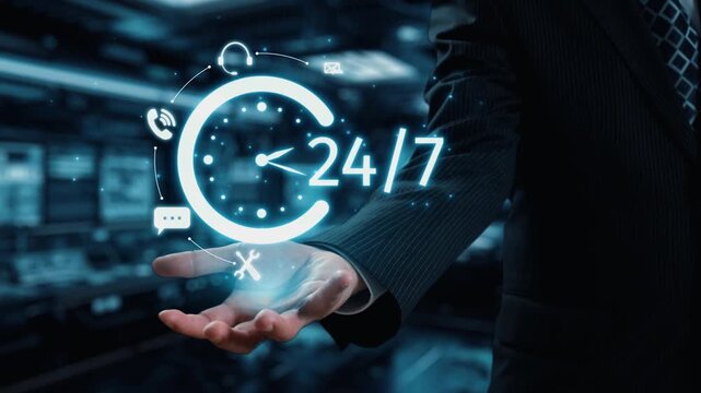 Business professional showcases a 24 hour service idea with a glowing clock and communication symbols, representing constant availability in a high-tech workspace. Qubit
