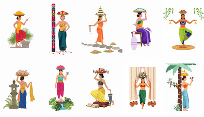 Fototapeta premium Vector Illustration Set of Balinese Women in Traditional Costumes Carrying Offerings and Dancing in Cultural Settings