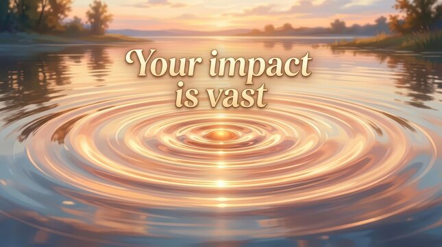 Ripples on tranquil water at sunset symbolizing vast impact and effect, inspirational concept