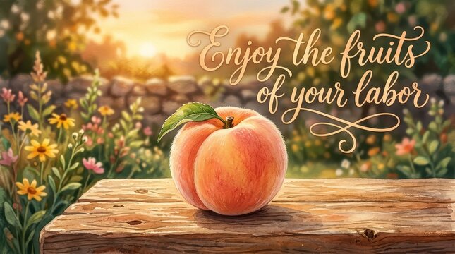 Ripe Peach on Wooden Table with "Enjoy the Fruits of Your Labor" Text and Garden Background