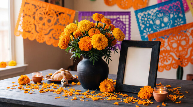 Mesa de d&iacute;a de muertos con portaretratos en blanco y florero con flores de cempas&uacute;chil 