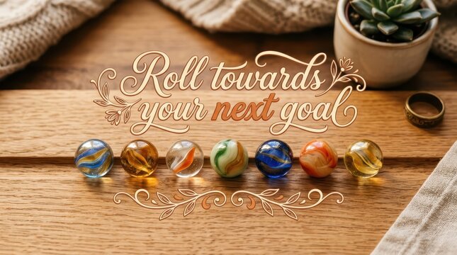 Roll Towards Your Next Goal: Inspiring Marbles and Decorative Elements on a Wooden Surface