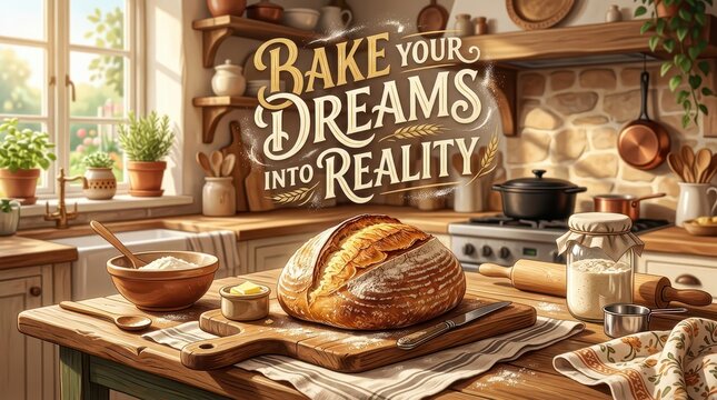 Rustic kitchen scene with artisan bread, baking ingredients and inspiring quote 'Bake Your Dreams Into Reality'