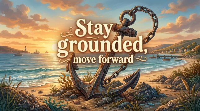 Rusty anchor on beach with motivational quote 'Stay grounded, move forward' against a sunset ocean backdrop with sailboats