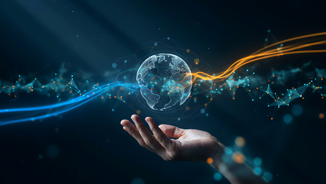 Human hand holding floating digital earth globe with glowing blue and orange light streams representing data flow fast.