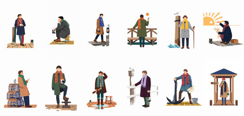 Fototapeta premium Collection of vector illustrations featuring men in stylish winter coats at various coastal and nautical settings like docks and piers.